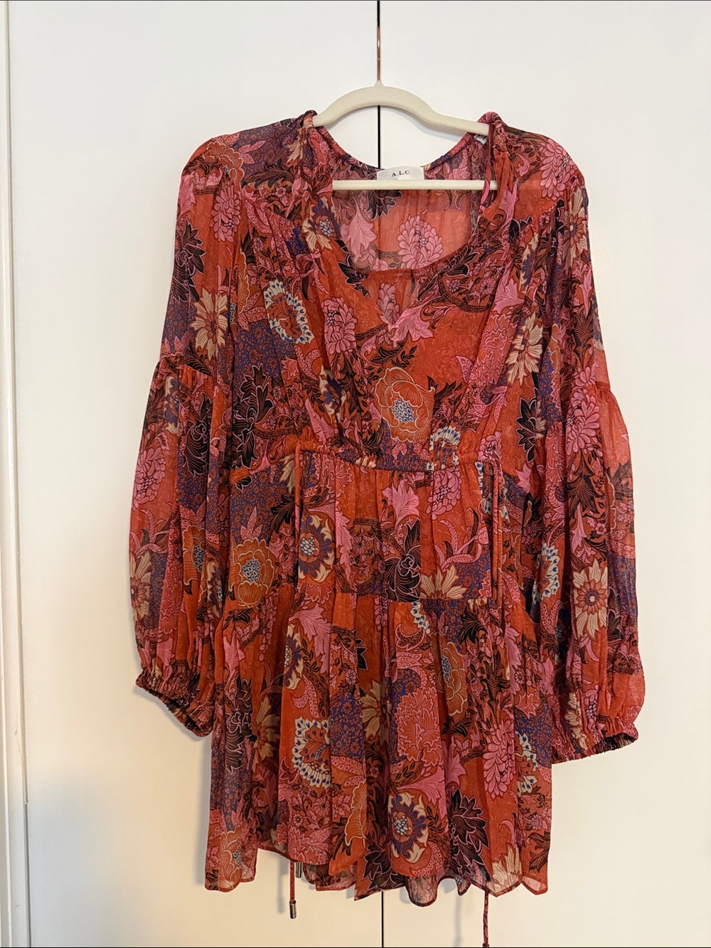 A.L.C. Rust and Pink Floral Long-Sleeve Tie-Waist Mini Dress